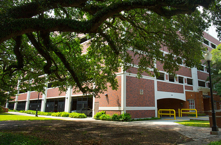 A side view of the Olivier Parking Tower framed by an oak tree on the University of Louisiana at Lafayette campus
