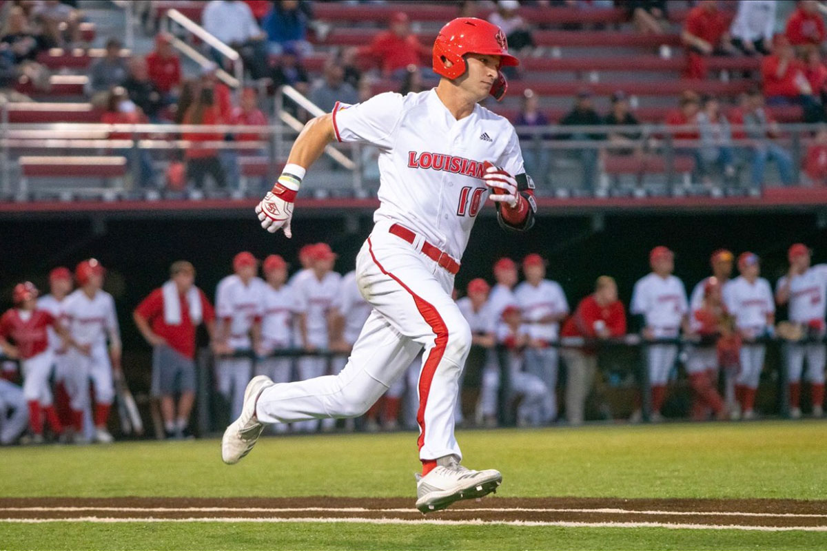 Louisiana Ragin' Cajuns student-athlete baseball player Alex Hannie rounds the bases at Russo Park