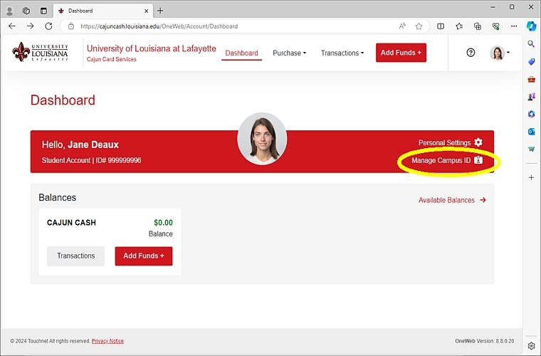 Screentshot of One Card showing where to click to deactivate Cajun Card
