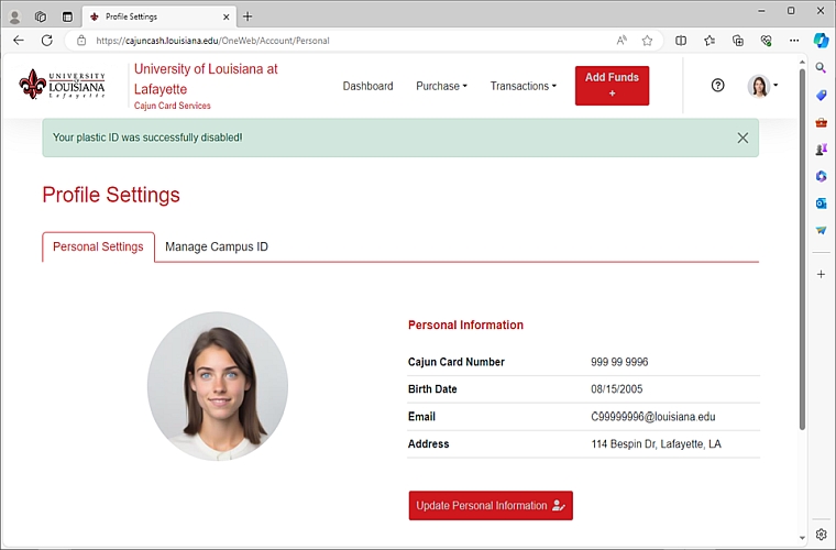 Screenshot of One Card showing Cajun Card has been deactivated