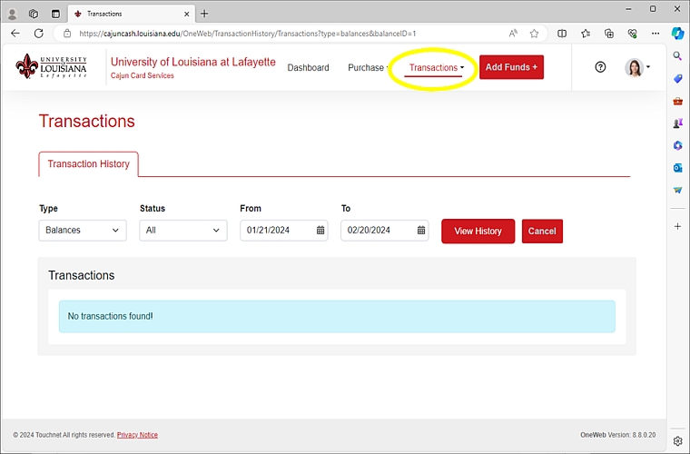 Photo of where to cllick in One Card to get transaction history