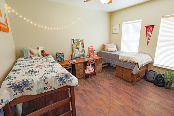 Dorm room with two beds