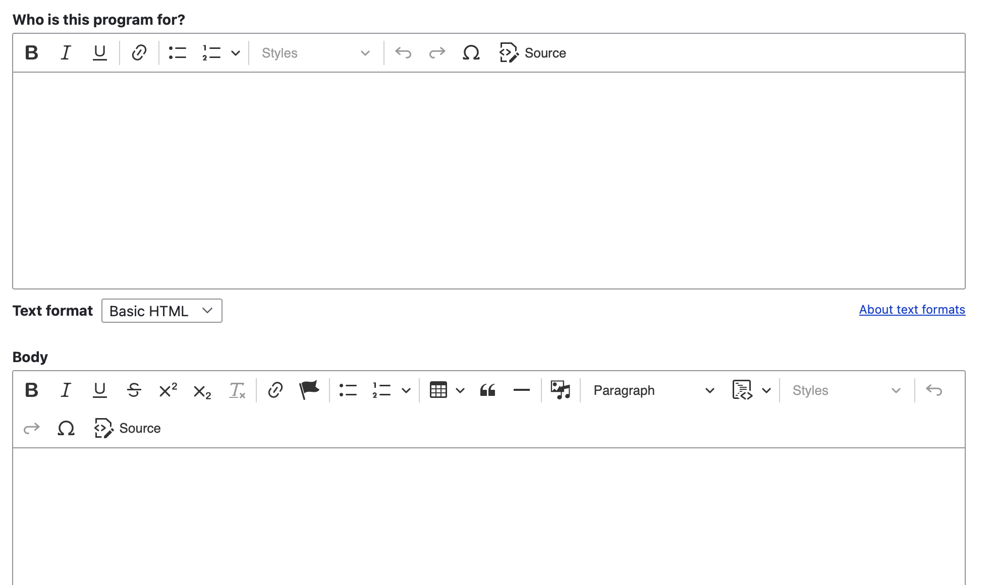 Screenshot of backend: intro text