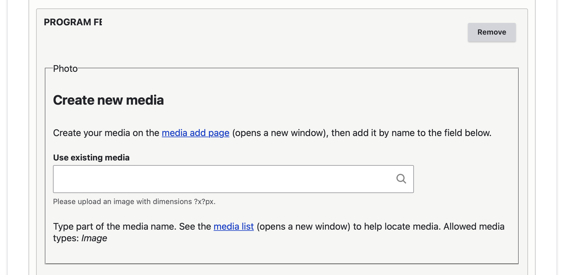 screenshot of backend: program page alumni photo