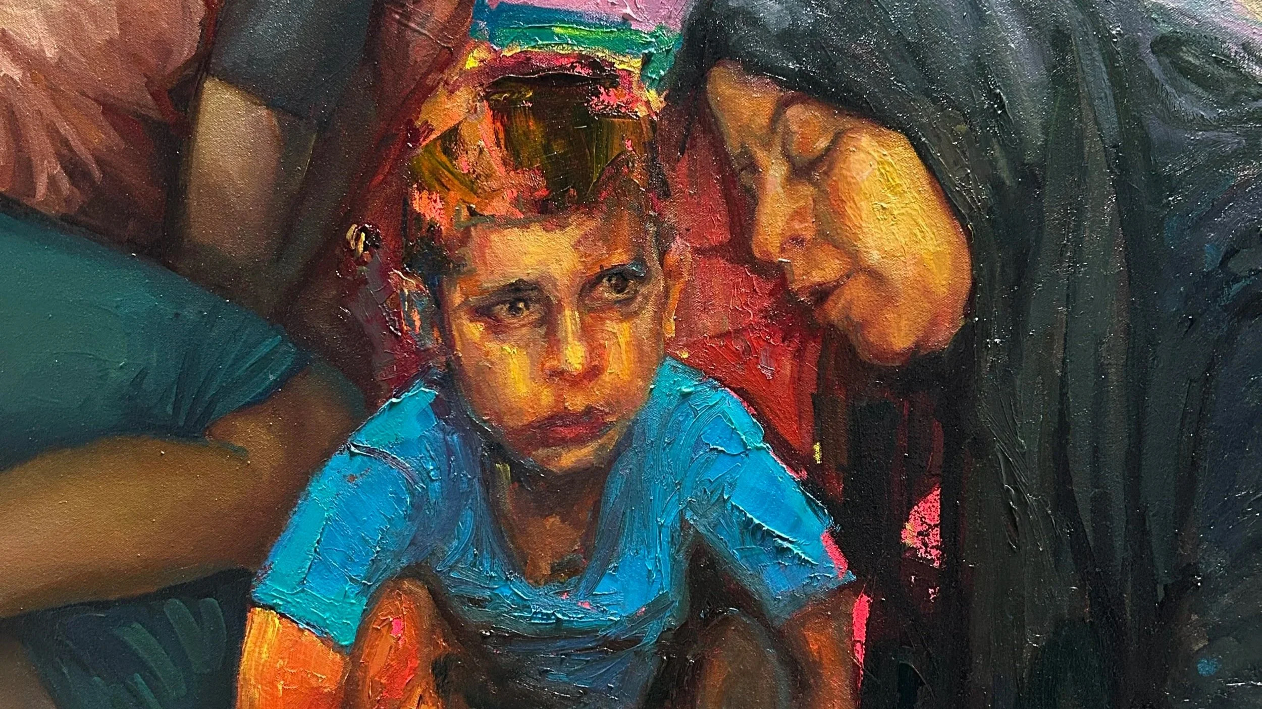 Small boy talking with Mom