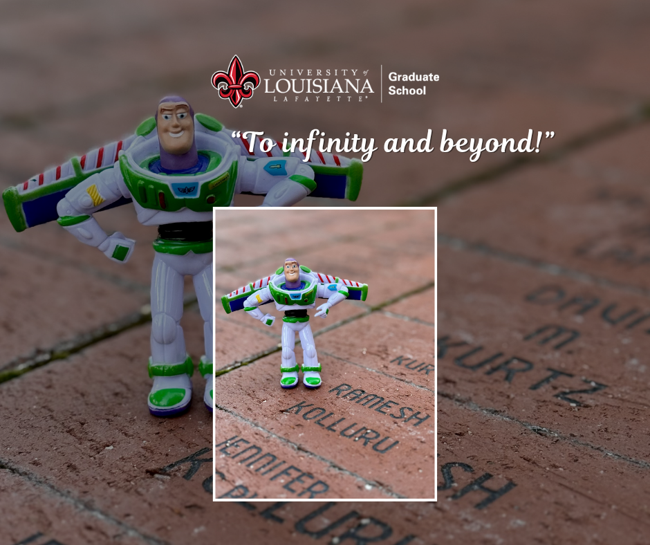 "To Infinity and Beyond" A small Buzz Lightyear standing on Ramesh Kolluru's brick on the walk of fame