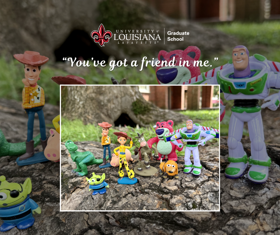 The whole Toy Story gang hanging out on campus. "You've got a friend in me."