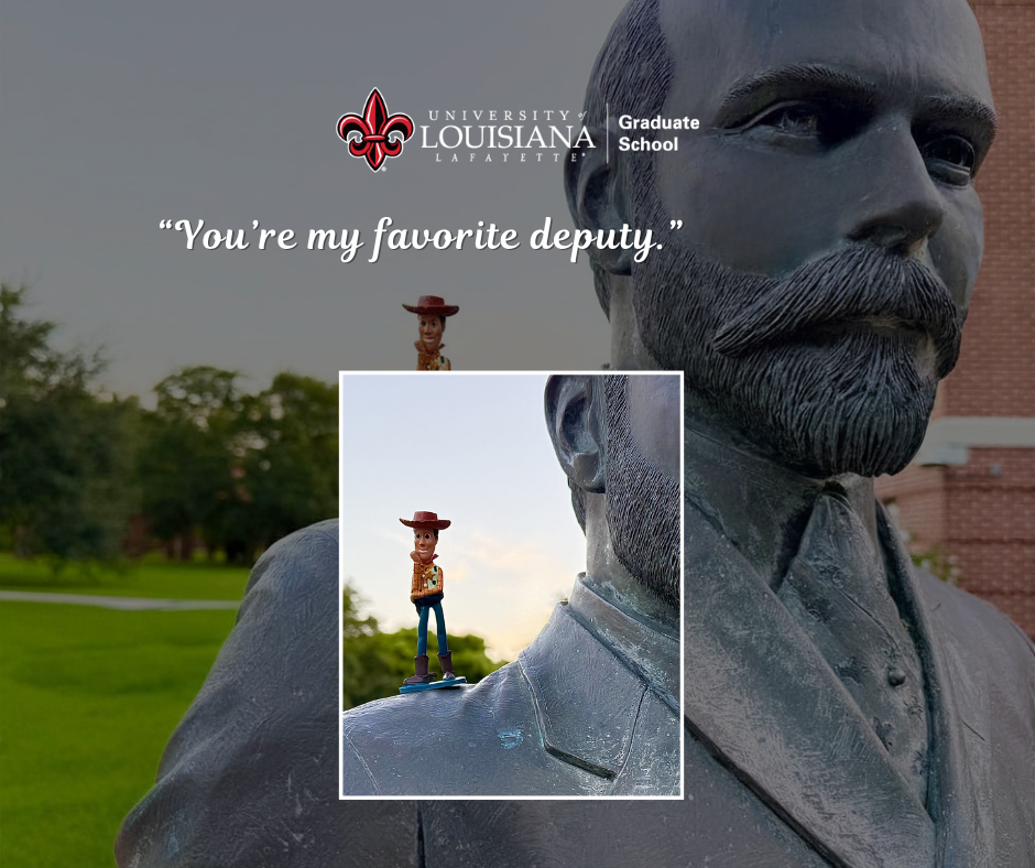 "You're My Favorite Deputy" A tiny woody standing on the statue shoulders of Dr. Stephens
