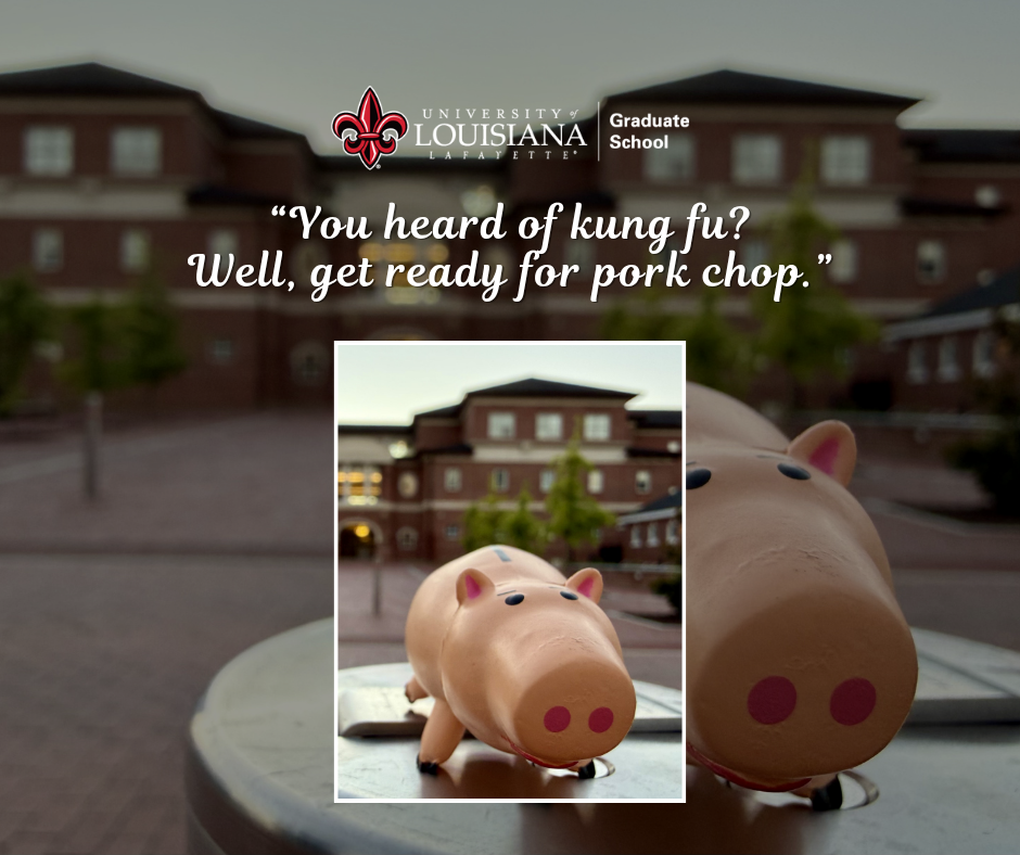 "You heard of kung fu? Well, get ready for pork chop" Pork chop standing in front of Moody Hall