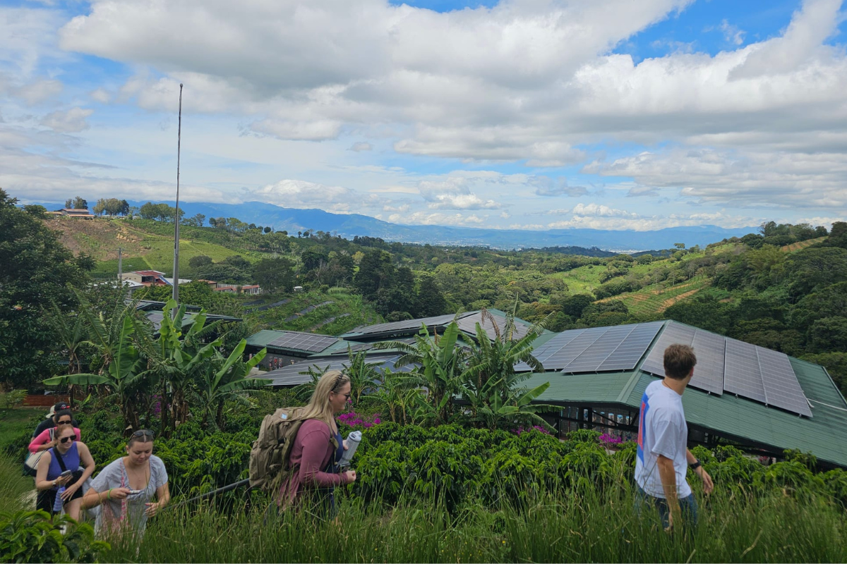MBA online and on-campus students, including Lauren Schexnider, are pictured in Costa Rica walking through tall, lush grasses with solar-powered pavilions and farmland in the background. 
