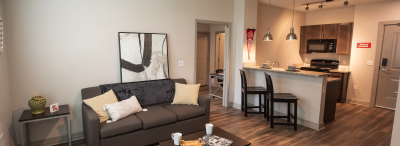 Interior shot of a living room at the Heritage apartments