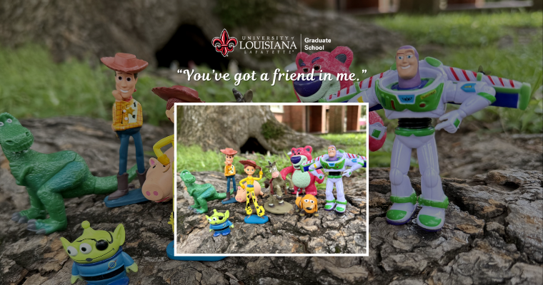 "You've got a friend in me" The whole Toy Story gang standing on an oak tree root.
