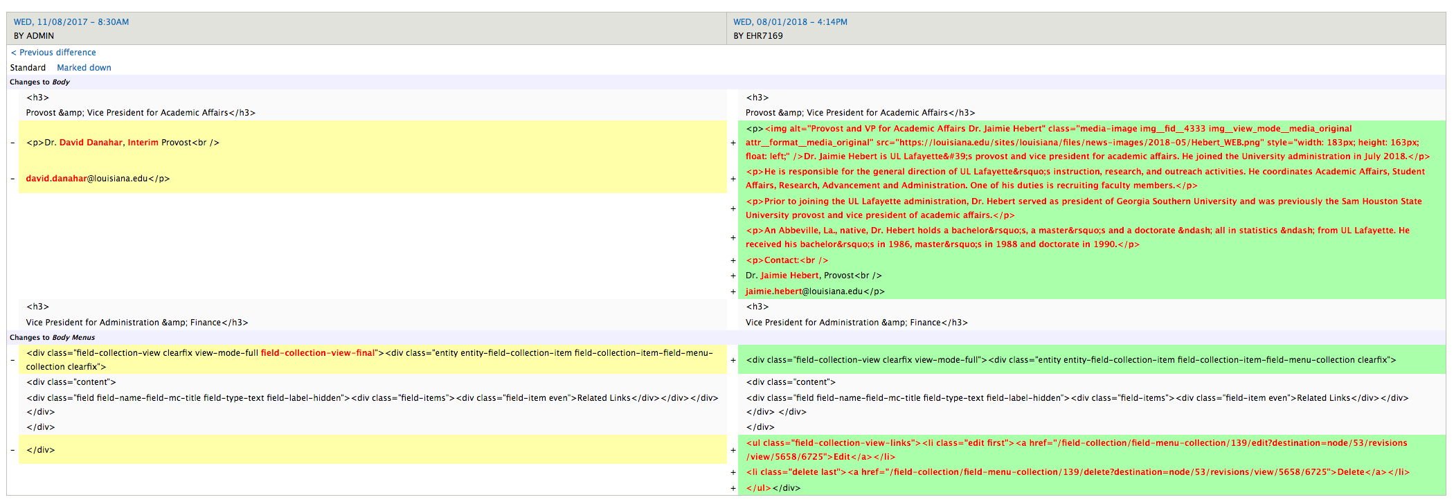 Revisions tab screen comparing two versions of a page