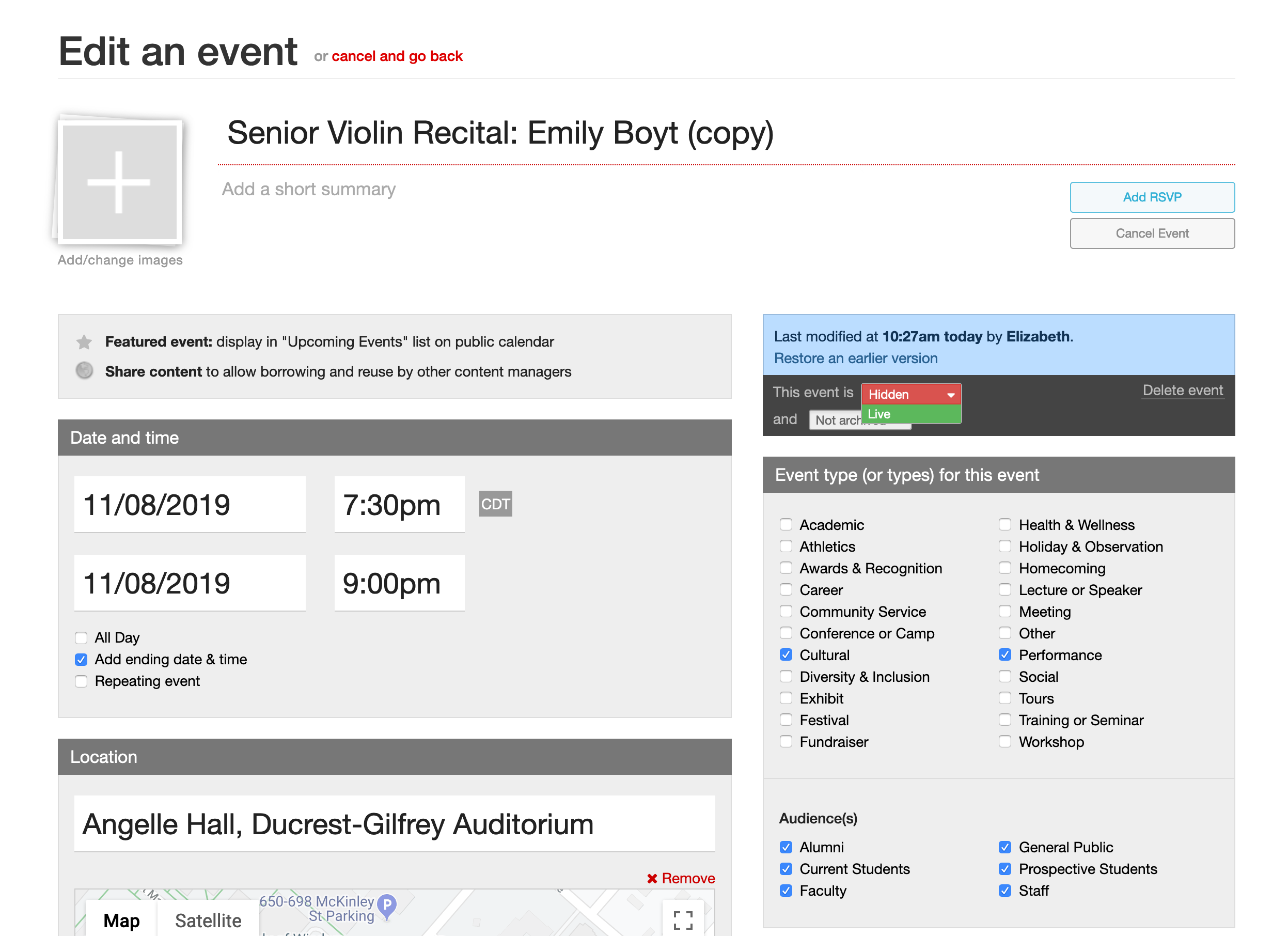 Screen shot of how to change an event from hidden to live