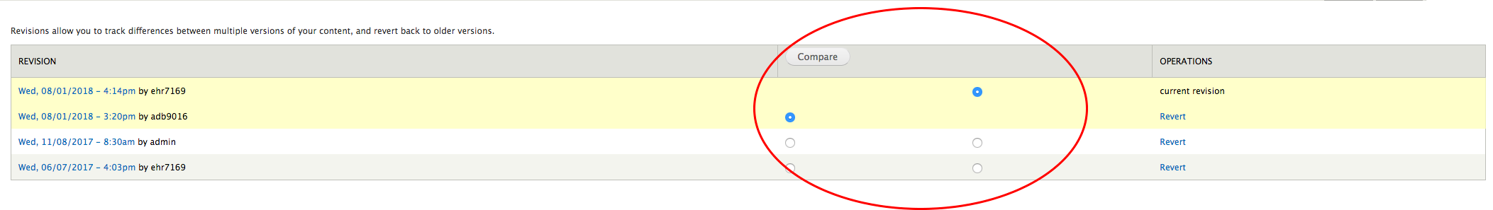 Revisions screen with the column for Compare circled